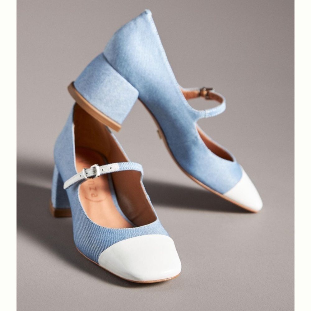 Anthropologie Vicenza Blue White Textile Buckled Strappy Mary Janes Chunky Heels - Picture 1 of 9